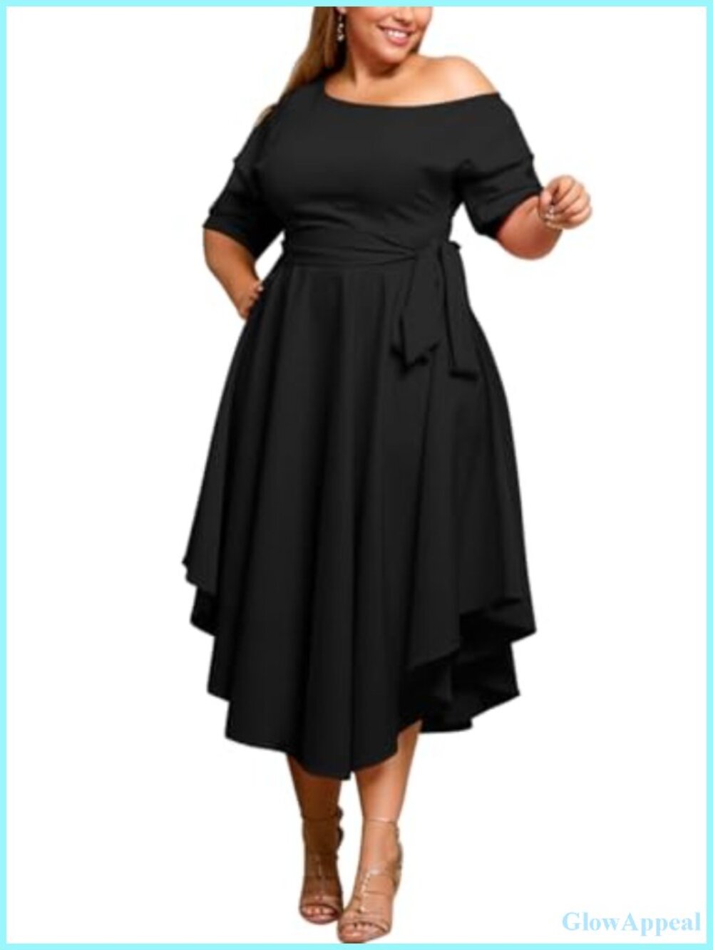 Plus Size Off Shoulder Midi Dress with Belt, High Low Hem, Short Sleeve, Boat